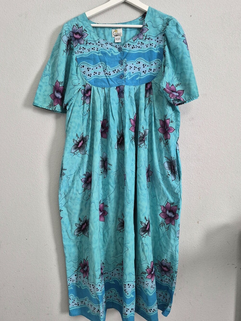 Daffodil Aqua Blue Floral Print House Muumuu Dress Size Large Retro Tiki Resort
